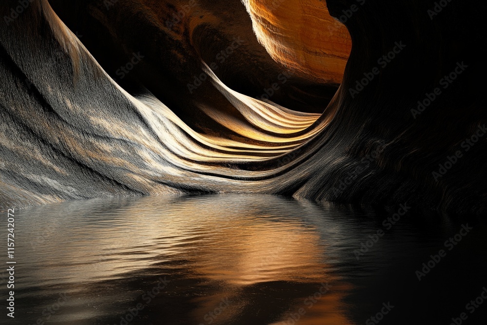 Poster beautifully carved erosion-created stone passage shows golden sunlight reflections and smooth water 