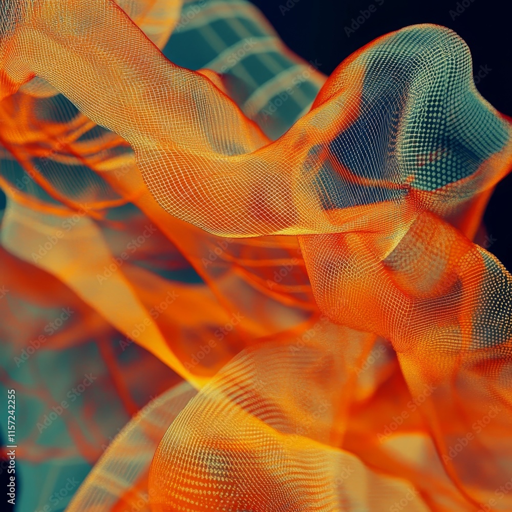 Poster colorful abstract wave form dancing in vibrant orange and blue hues against a dark background showca