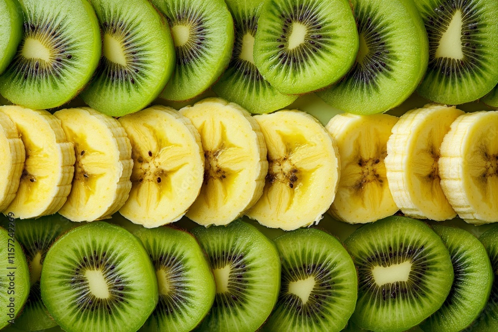 Aufkleber A symmetrical arrangement of kiwi and banana slices, offering a sense of balance and harmony while highlighting the natural colors and textures of these fruits.