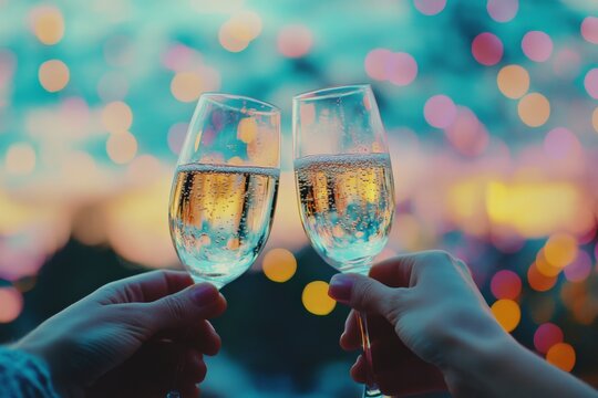 Champagne glasses raised in a toast against a stunning sunset backdrop, filled with warm and colorful bokeh lights, symbolizing joy and celebration.