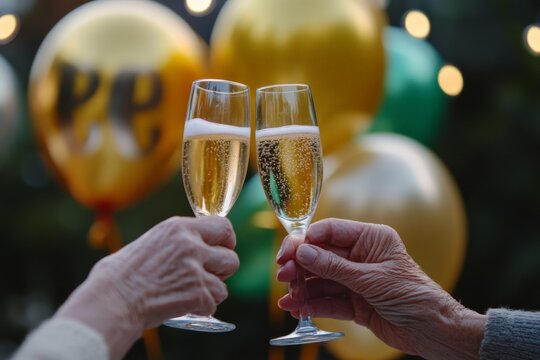 Two elderly hands raising champagne glasses against a backdrop of golden balloons, reflecting a sense of milestone celebration and joyous moments together.