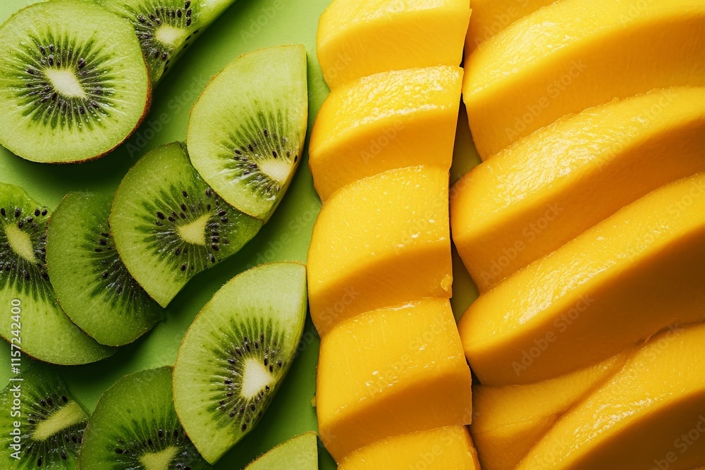 Poster Juicy kiwi and bright mango slices arranged side by side on a vibrant green background, creating a delightful blend of tropical colors and fresh textures.