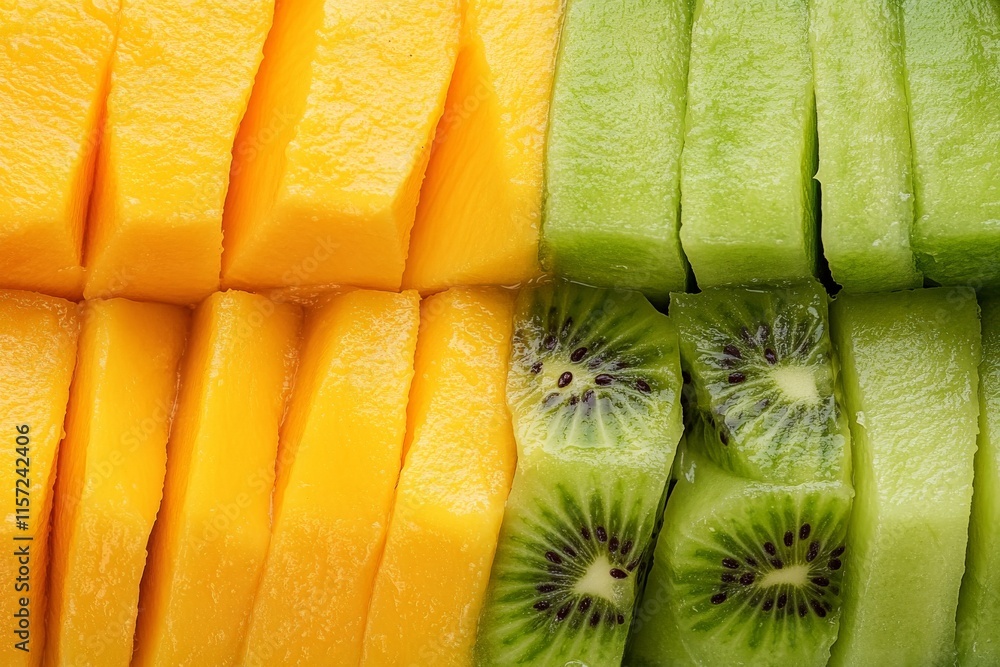 Poster Beautifully aligned mango and kiwi slices create a vivid display, showcasing their fresh textures and vibrant colors in a harmonious arrangement for culinary art.