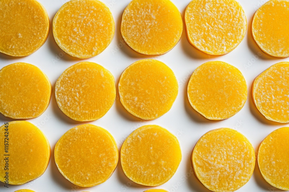 Poster circular mango slices arranged uniformly on a white background, accentuating their vibrant orange co