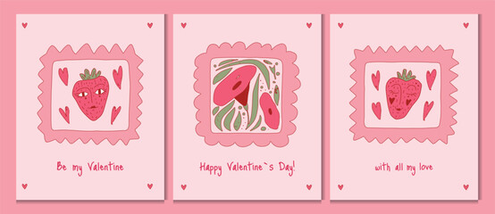 Set of Groovy Vector Flat Valentine's Day Cards with Abstract Frames