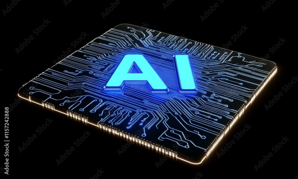 Poster symbol of artificial intelligence showcasing circuitry design with glowing blue letters in a modern 