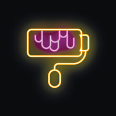 Bright glowing neon paint roller with dripping paint illuminating the dark