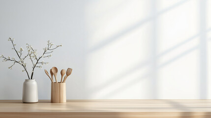 Minimalist wooden kitchen countertop mockup with empty space for product placement, featuring two vases with greenery and cooking utensils against a white wall background. Perfect for showcasing kitch
