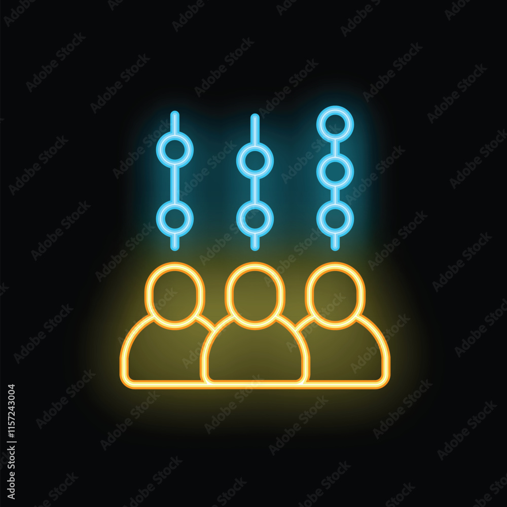 Poster glowing neon icon of three abstract figures with lines and dots over them, symbolizing connection, h