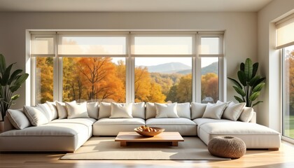 Fototapeta premium Serene living room with autumn view. Panoramic windows showcase landscape of colorful trees. Plush white sectional sofa, stylish wooden coffee table create comfortable, inviting atmosphere. Natural