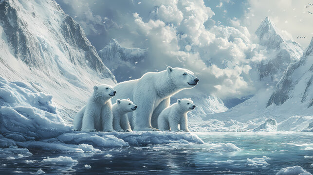 A serene depiction of a polar bear family poised on an icy shore against a tranquil winter backdrop. Spindrift. Illustration