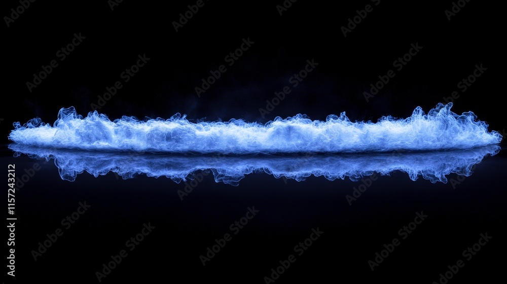 Poster dynamic blue fog rising above a reflective surface in an atmospheric setting at night