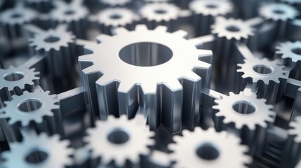 Large interconnected network of gears symbolizing corporate competition, with one oversized gear dominating the scene, representing antitrust concerns. Central gear with copy space for text.