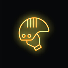 Yellow neon sign of a helmet glowing against a dark background, representing safety and protection