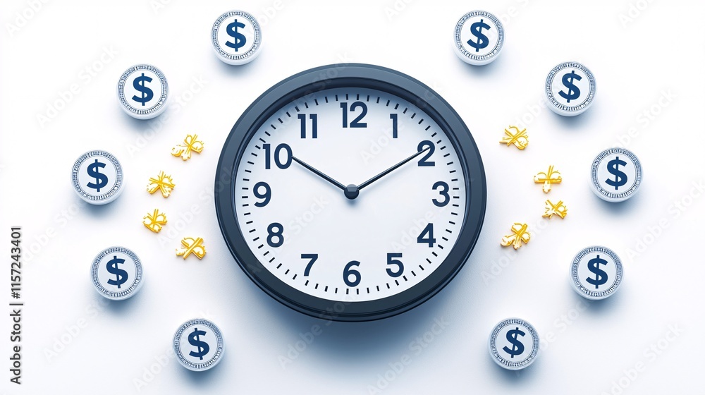 Poster Isolated on white background clock with dollar signs replacing the numbers symbolizing time management in financial planning Stock Photo with side copy space