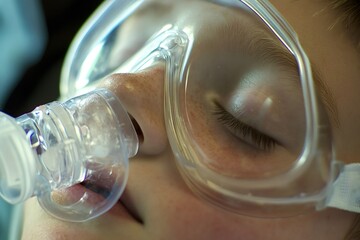 Close-up of a young patient wearing an oxygen mask and protective goggles, breathing calmly during a medical procedure, highlighting the importance of respiratory care in healthcare settings