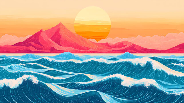 A vibrant sunset over rolling waves with mountains in the background creates a serene ocean view. Spindrift. Illustration