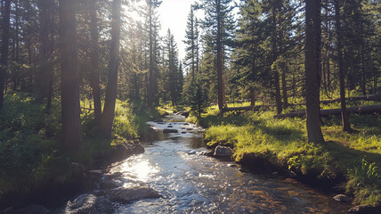 Obraz premium A peaceful forest landscape with sunlight streaming through the trees, casting shadows on a winding forest stream. Ai generated