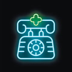 Blue neon sign representing calling medical emergency service glowing on a dark background