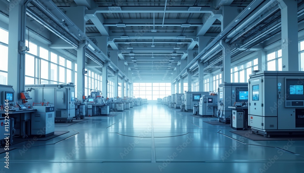 Poster Futuristic smart factory interior with advanced automation machinery, robotics. High tech machines connected via network. Future of manufacturing production showcased. Efficient automatic production