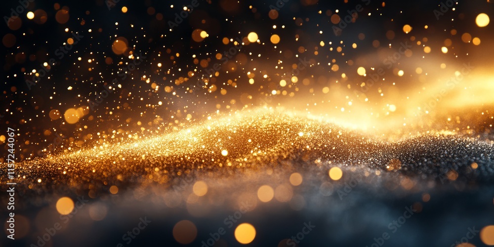 Poster glimmering particles dance in a flowing wave of golden light, creating a mesmerizing visual effect i