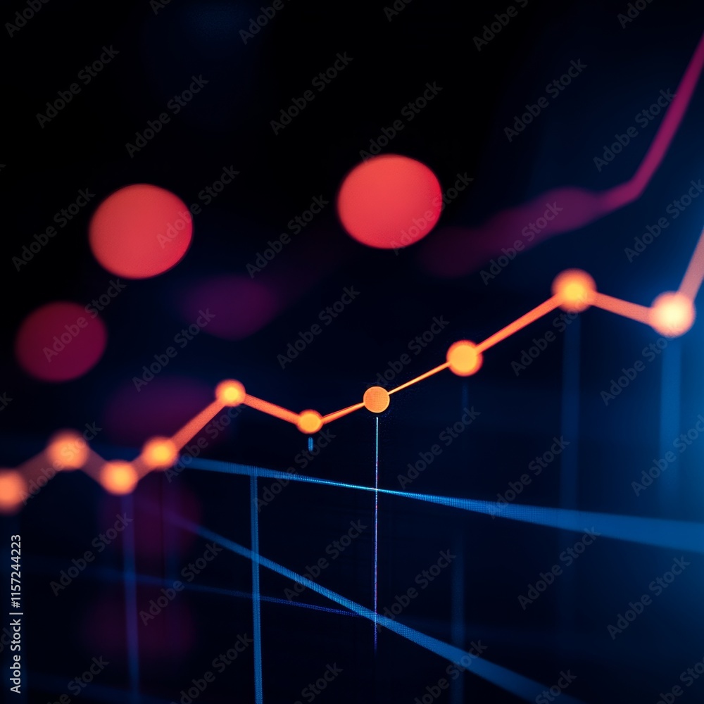 Poster data visualization of economic trends with bright lines and circles against a dark background highli