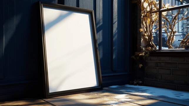 A framed poster with a blank art on it, leaning against an empty wall of a store with dark blue wood front.