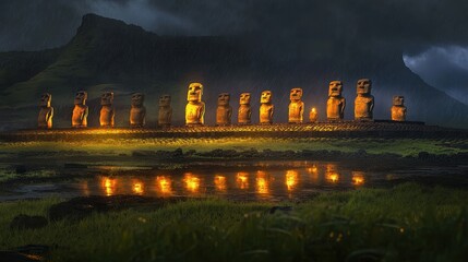 Moai Statues with Glowing Reflections in a Mystical Setting