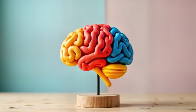 Colorful plastic brain model sits on wooden stand. Educational anatomical model highlights brain parts. Vivid red blue, yellow colors. Ideal for science education medical illustrations. Displays
