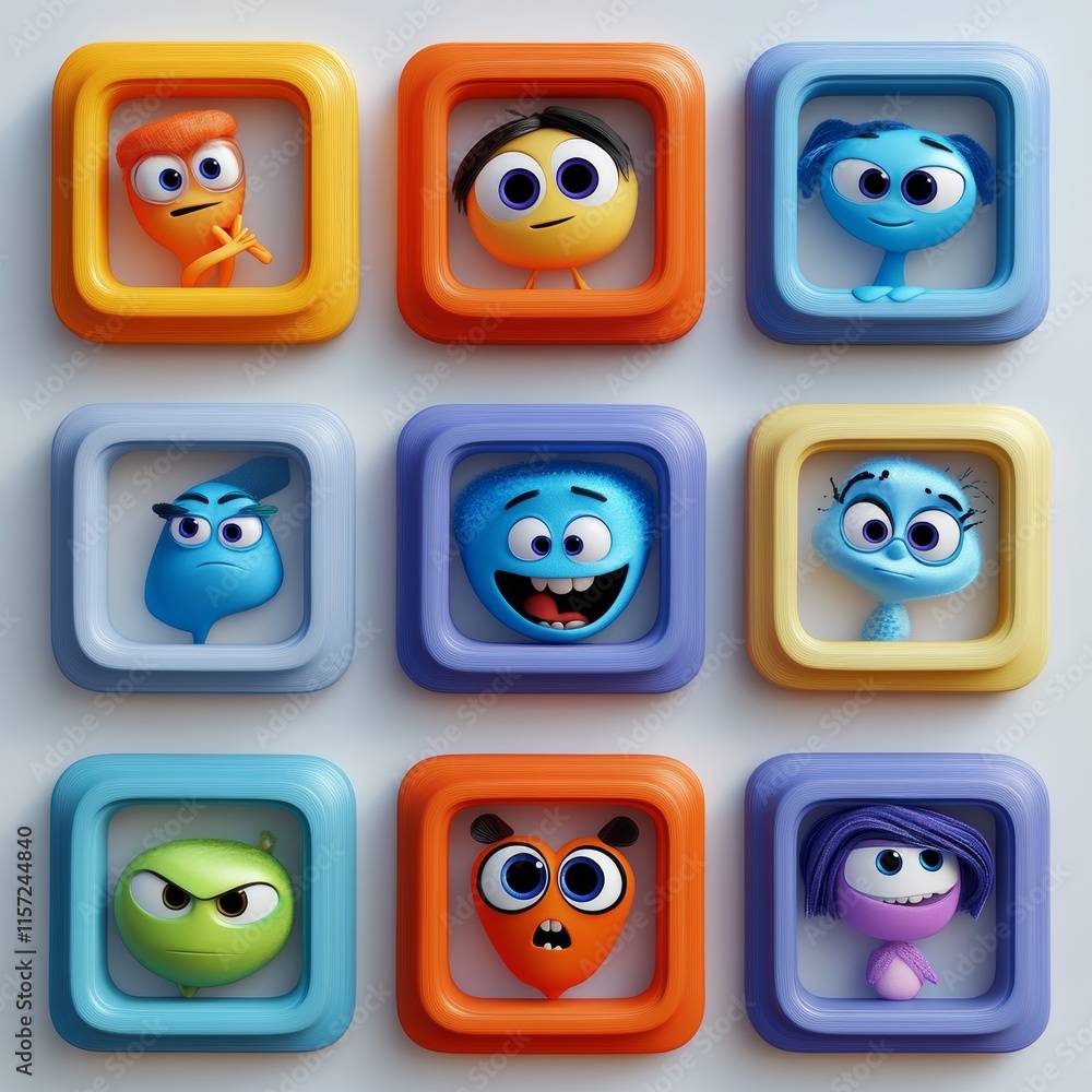 Poster colorful animated characters showing various emotions arranged in a grid pattern on a light backgrou