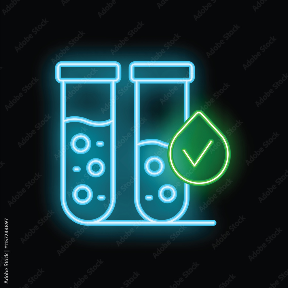 Poster glowing neon icon representing a successful quality control process with a green check mark