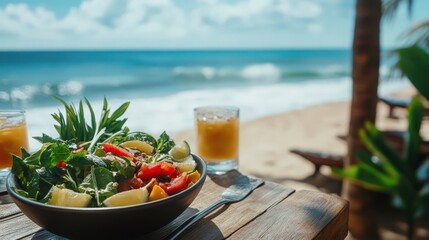 Fresh tropical salad with drinks on a beachside table under a sunny sky.