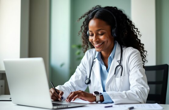 African American female doctor uses laptop for online consultation. Wears headphones, lab coat. Doctor takes notes, appears focused on virtual patient care. Modern telemedicine in clinic office - Powered by Adobe