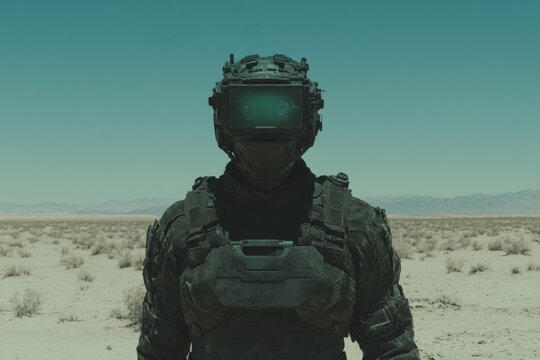 A futuristic hunter in a high-tech suit, scanning the terrain with a holographic scope in a cyberpunk wilderness