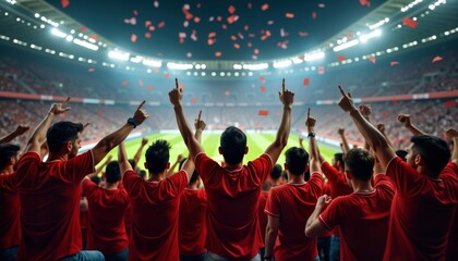 Excited soccer fans celebrate team victory in packed stadium at night. Fans raise hands enthusiastically. Crowd cheering, full of energy. Big win celebrated by united fans. Sport event atmosphere