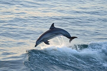 Fototapeta premium Dolphin gracefully leaps over a small ocean wave, illuminated by the warm glow of the setting sun, showcasing the beauty and agility of marine wildlife in their natural habitat