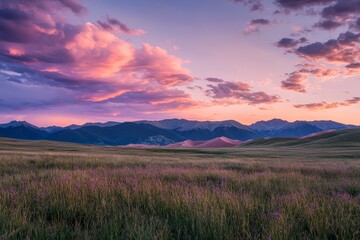 Pastel skies sweep over expansive dunes and glimmering mountains in a breathtaking view, as nature unfolds its artful brilliance and serene, tranquil beauty.