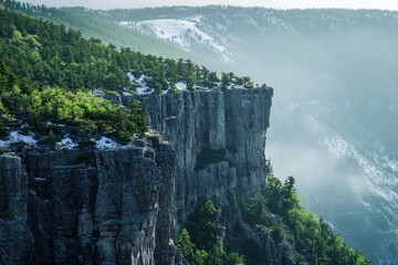 Dense forest atop misty cliffs, the steep rock formations create a natural fortress draped in a serene and mysterious atmosphere, echoing nature's tranquil elegance.