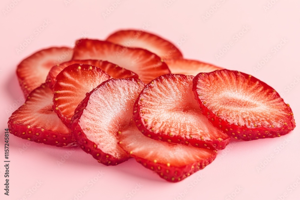 Poster artistic image of strawberry slices against a soft pink background, showcasing their vibrant red hue