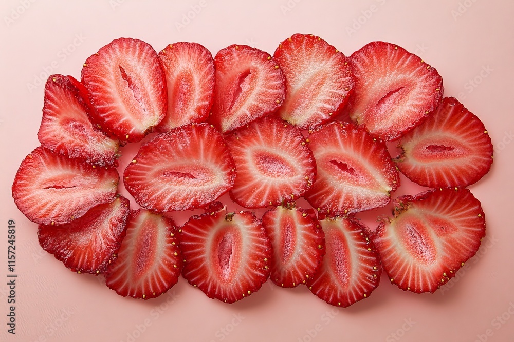 Aufkleber Close-up image of sliced strawberries arranged neatly on a pink background, highlighting their vibrant red color and intricate internal structure to emphasize freshness.
