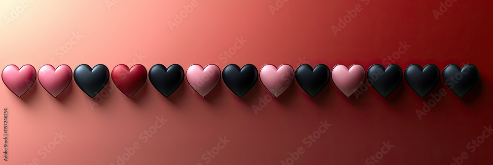 Poster A row of hearts in various shades, creating a gradient effect against a soft background.