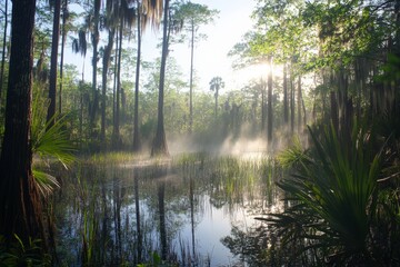 Early morning mist drifts over a swamp, as sunbeams illuminate the lush vegetation and quiet waters, creating a serene, almost enchanted atmosphere.