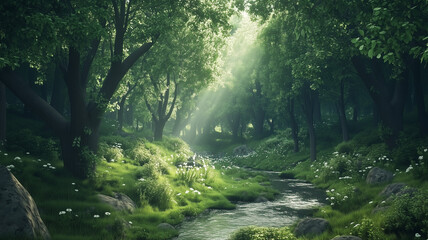 A serene and inviting green forest with sunlight filtering through the canopy, casting soft light over a gentle stream. Ai generated