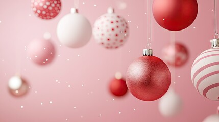 A whimsical display of ornament balls floating in mid-air with a soft pastel background.