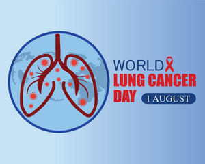 World Lung Cancer Day Poster, banner, card, background with red cancer awareness lung. Human lungs and world map silhouette icon. August 1.