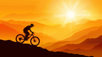 Obraz premium Silhouette of cyclist climbing mountain at sunset
