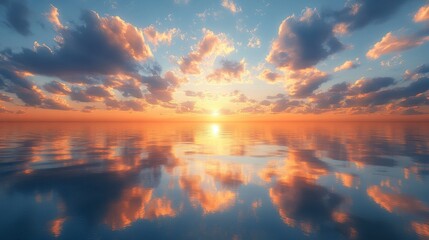Fototapeta premium Serene sunset over calm ocean; reflection in water.