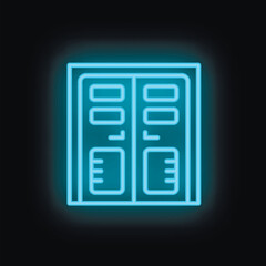 Blue neon icon of a refrigerator glowing on a black background