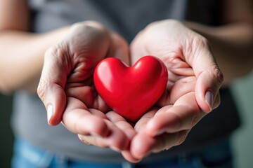 Fototapeta premium Tender Hands Holding a Vibrant Red Heart Symbolizing Love and Care, Perfect for Valentine's Day or Anniversary Cards