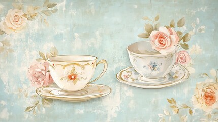Fototapeta premium A scrapbook background gently decorated with vintage teacups, floral motifs and aged glazes capture the charm of past craftsmanship, while a pastel blue background.